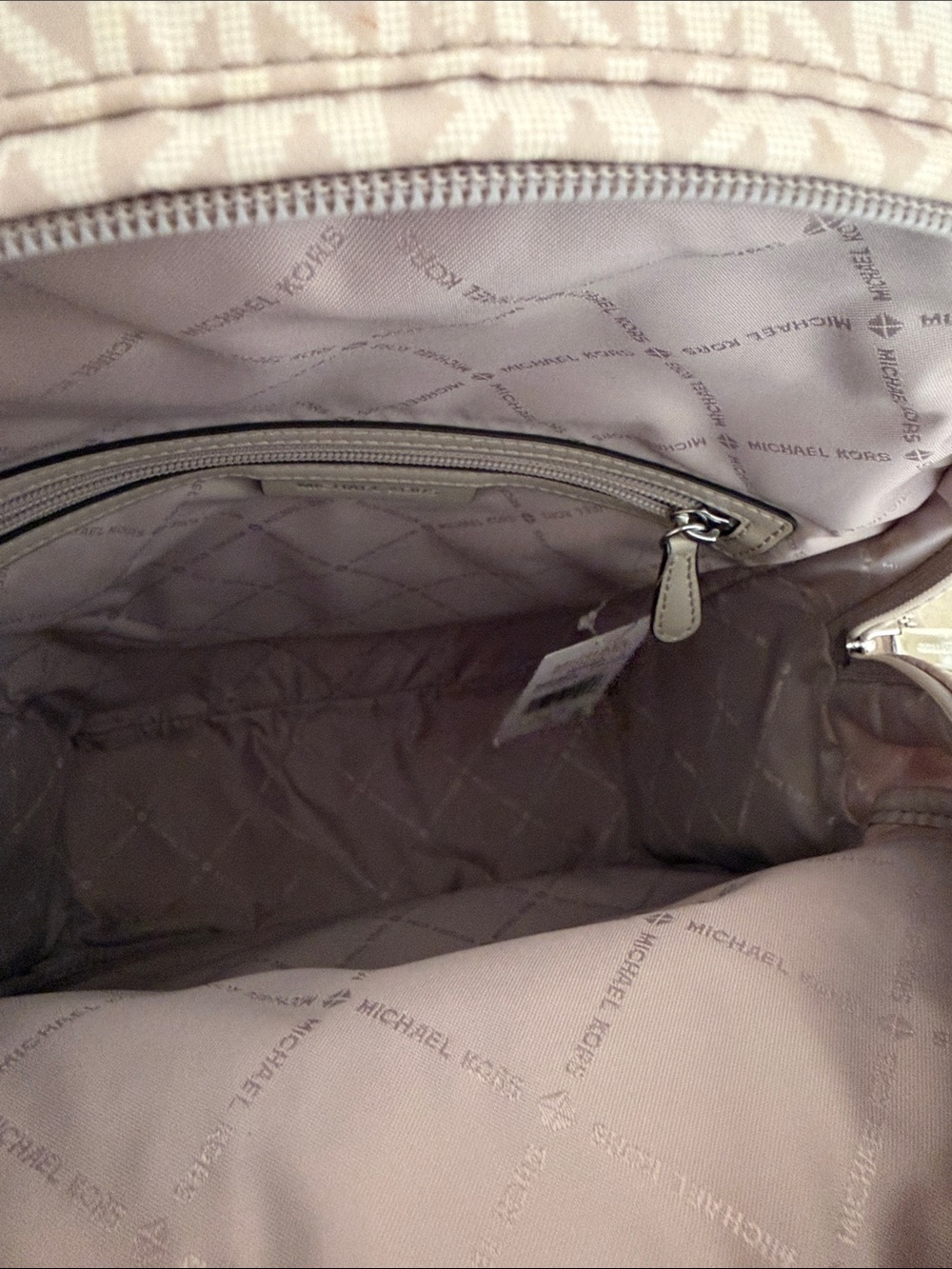 Michael Kors Beige MK woven Logo Backpack with Silver Accents - Picture 11 of 12
